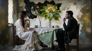 Side view of a man and woman sitting at an intricately decorated table in a worn bright goth ballet studio, accented by a mechanistic, Cubist Chilean fire-themed mural.