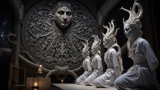 Side view of a mechanistic opera clan with intricate white fractal headdresses kneeling in a dark, surreal ballroom with an elaborate circular sculpture of a mature face on the wall.