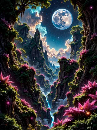 A dense jungle valley unfolds beneath a galactic night sky with two glowing moons, surreal bioluminescent plants, towering cliffs, and a winding luminous stream.