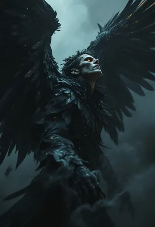 Dark fantasy winged man with large obsidian raven wings, shimmering iridescent feathers under chiaroscuro lighting, emerging from shadowed mist with glowing amber eyes.