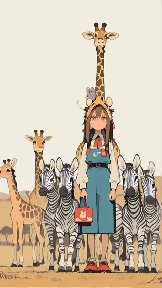 A girl wearing a giraffe-themed hood stands among zebras and giraffes in a savannah landscape, with a small mouse perched on her head.