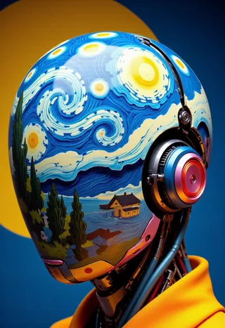 Close-up of a faceless Yakuza android head painted with swirling Van Gogh style oil brushstrokes depicting a celestial storm, traditional tattoo motifs, and cosmic colors.