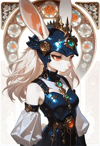 A furry female rabbit girl with white fur and whiskers wearing dark blue armor and a decorated helmet with gems, set against an ornate Art Nouveau floral background, shown from above at a dutch angle.