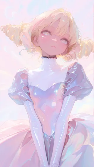 Blonde girl with drill-style hair wearing a shiny blue latex dress with puff sleeves, set against a soft pastel surreal background in HassaKu style.