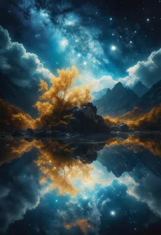 A photorealistic scene of a celestial object in a starry night sky above golden trees, dark mountains, and a perfectly reflective calm water surface beneath.