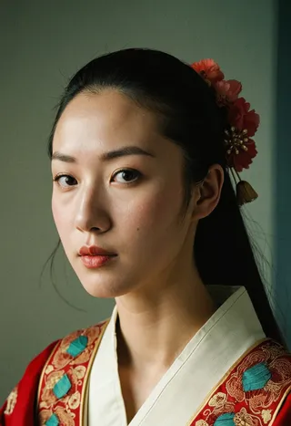 Portrait of a young woman wearing traditional Chinese clothes with soft natural Rembrandt lighting on her face
