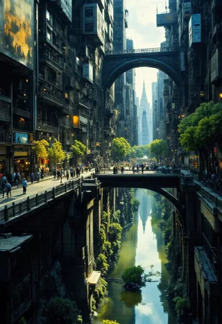 A hyper-detailed futuristic cityscape showing tall urban architecture resembling neo Tokyo under a bright steel sky, with green trees lining a reflective river and pedestrians crossing bridges.