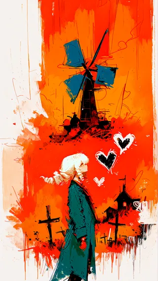 Abstract orange-themed artwork featuring a white-haired girl in a blue trench coat standing among crosses with a large windmill and flying hearts in the background.