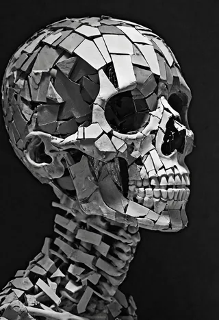 Black and white distorted portrait of a punk skeleton composed of fractured, mosaic-like pieces forming an abstract skull and neck against a dark background.