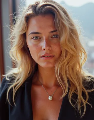 Portrait of a beautiful blonde woman with freckles wearing a black outfit and a necklace, captured in a cinematic analog style with natural light.