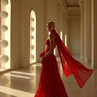 Bald model wearing a vibrant red shinobi outfit with flowing scarf in bright, architecturally minimalistic corridors with strong light and shadow contrasts.