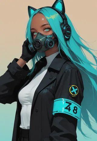 Dark-skinned cyberpunk girl with long aqua hair wearing cat ear headphones, a gas mask, black jacket, and glowing aqua eyes against a simple gradient background.