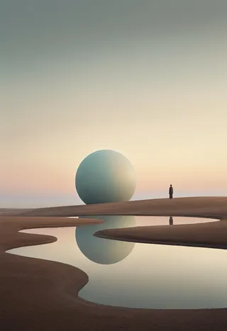 A surreal minimalist landscape featuring a solitary figure standing on earthy terrain near a reflective water body, with a large oversized sphere in the background under a twilight sky.