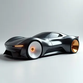 3D rendering of a futuristic sports car in side view with black shiny metal body, large white front wheel glowing orange, and smaller rear wheel with golden rim on light gray background.