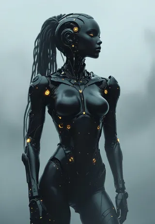 A black female android with sleek carbon fibre armor and golden glowing details stands motionless amidst a monochromatic foggy background.