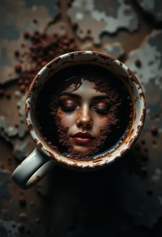 Overhead view of an aged porcelain coffee cup containing dark coffee with swirling grounds forming a peaceful woman's face, set in moody chiaroscuro lighting.