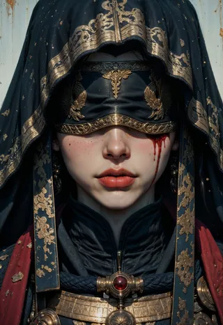 Primo piano di una donna che indossa una benda nera e dorata riccamente decorata con una lacrima rossa che scende sulla guancia, vestita con un abito a collo alto con una gemma rossa e un velo scuro ricamato d'oro.