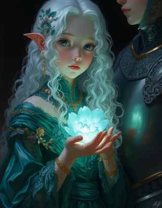A young elf princess with long silver hair in an emerald gown holding a glowing blue flower, standing next to a knight in polished armor, oil painting style.