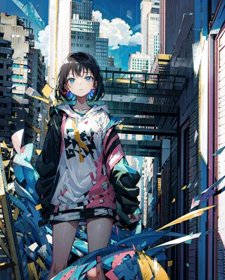 Opera digitale di una ragazza in stile anime con streetwear colorato in un vicolo cittadino stretto con edifici alti e un cielo azzurro brillante sullo sfondo.