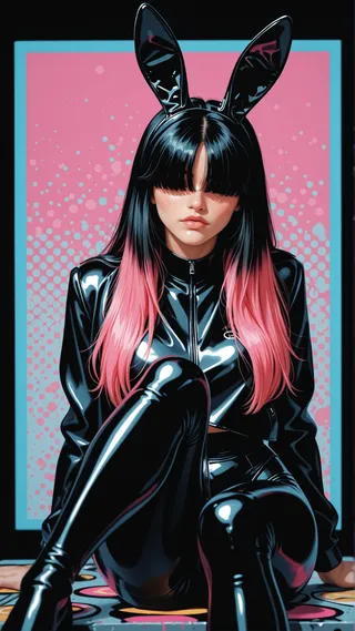 Woman wearing shiny black latex jacket and leggings, with neon pink and black hair, bunny ears headband, sitting with a serene expression against a pink halftone background framed in blue.