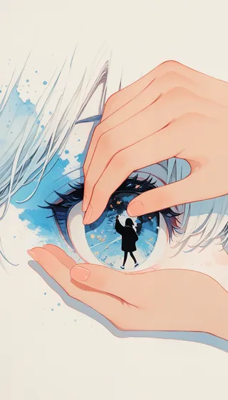Close up view of a stylized eye with blue shades, held delicately by two hands, reflecting a silhouette of a person inside the eye.