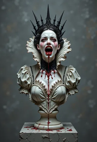 Gothic-style bust statue of the Red Queen mid-scream with porcelain skin, a cracked cheek, black spiked crown, and blood-red drips on her bloodstained white gown, set on a cracked museum plinth with a gray foggy background.