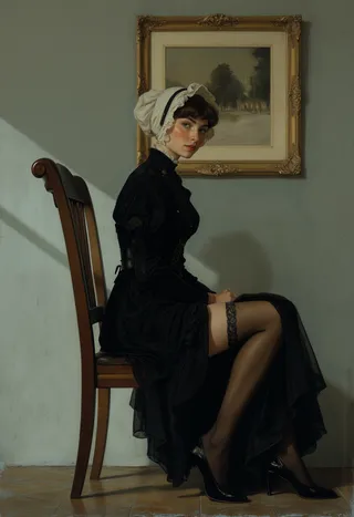 A Victorian woman seated on a wooden chair in profile, wearing a black dress with a high neckline and slit, revealing lace stockings and garters. She has a white lace bonnet and a cheeky smile, seated against a muted grey wall with a framed painting.