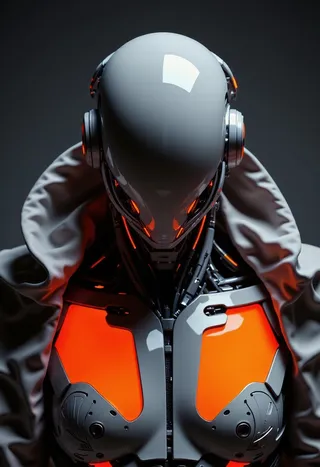 A futuristic Yakuza android with a smooth, featureless dome-shaped head and neon orange highlights on its chest, set against a dark minimalist background.