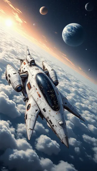 Detailed digital illustration of a futuristic white spaceship flying above clouds with a starry sky, planets, and a glowing sun in the background.