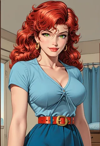 Portrait of Mary Jane with curly red hair, green eyes, wearing a blue haltertop and high-waist skirt with a red belt, smiling indoors.