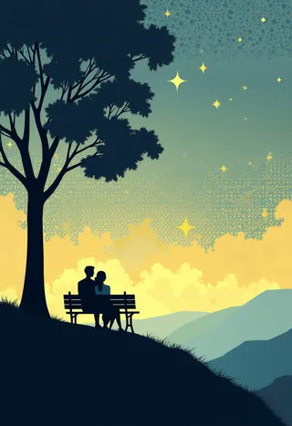 Art Deco style geometric illustration showing a couple silhouetted on a bench under a large tree, gazing at a celestial sky with stylized stars and a patterned blue and yellow sky.