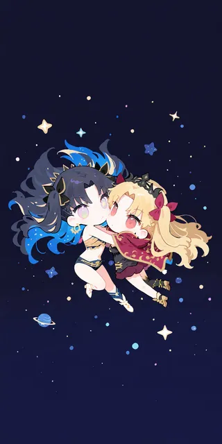 Two chibi anime girls, Ishtar and Ereshkigal, hugging in space with stars and planets around, featuring flat color style and detailed eyes.