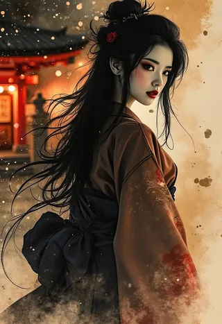 A stunning Japanese woman with long flowing black hair and red lips, dressed in a sepia kimono, standing in front of a glowing Shinto shrine with a dark, watercolor ink wash background.