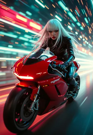 Japanese goth woman with platinum-blonde hair and sharp bangs rides a red futuristic superbike through a neon-lit cyberpunk superhighway with extreme motion blur.