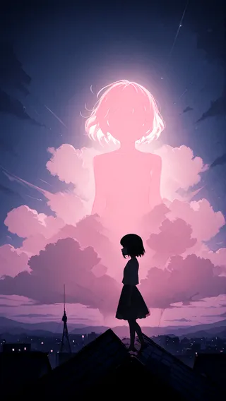 Anime-style silhouette of a girl standing on a rooftop with a glowing pink female figure formed from clouds under a moonlit night sky.