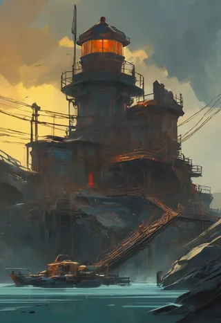 A dystopian lighthouse with segmented armor panels stands amidst a stormy sky, glowing warmly from within, overlooking calm waters with a small boat in the foreground.