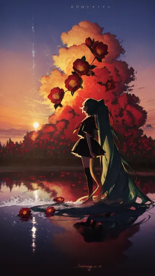 A girl with extremely long hair stands barefoot on reflective water near a creek, surrounded by oversized camellia flowers and red lilies with a dramatic sunset sky.