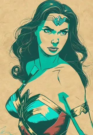 Portrait of Wonder Woman rendered in cyan and blue tones with comic art style on a beige background.