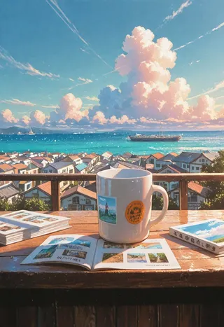 A sunny coastal village scene with a wooden table holding a white mug and an open photo album overlooking rooftops and the sea under blue sky with large cumulus clouds.