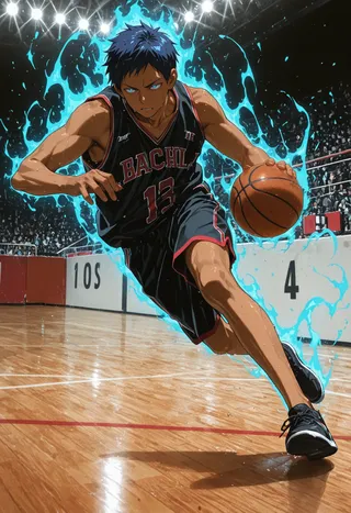 Anime-style basketball player with dark skin and blue hair, wearing a black and red basketball uniform, dribbling on a hardwood court surrounded by a glowing blue aura.