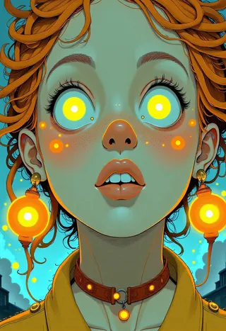 Close-up stylized portrait of a girl with blonde dreadlocks, glowing yellow eyes, neon orange earrings, and a matching choker, set against a blue background.
