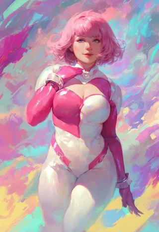 Highly detailed depiction of Gwenpool wearing a pink and white superhero suit, with pink hair and posing dynamically against a colorful abstract background.