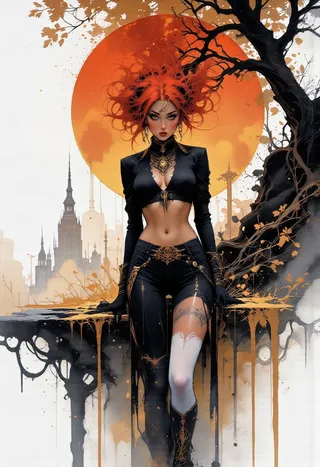 A fantasy-style female character with fiery red hair and a black detailed outfit stands before a large orange sun, with dark tree branches and a cityscape in the background.