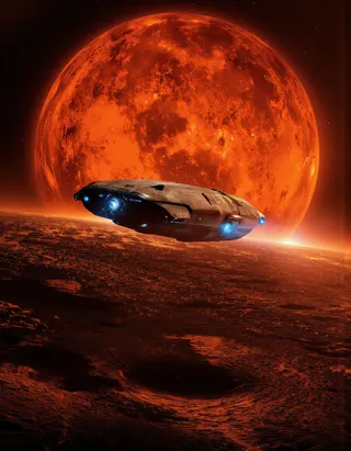 A sleek futuristic spaceship with glowing blue lights flying over a reddish-orange distant planet under a massive orange-red sun and starry sky.