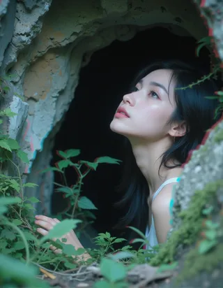 Close-up of a young woman with a curious expression, looking up inside an overgrown abandoned cave entrance surrounded by lush greenery, with subtle glitch static effects.