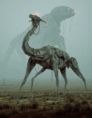 A large metallic robotic camel with glowing orange eyes standing in a foggy, desolate landscape with another giant robotic figure visible in the background.