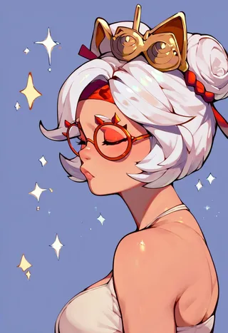 Side profile of Purah wearing red glasses, red headband, cat ears hair ornament, with closed eyes and sparkles around her.