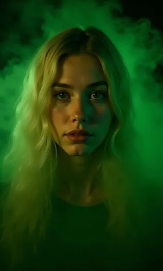 Close-up portrait of a young woman with long blonde hair enveloped in translucent green smoke against a dark background with a blurred neon city.