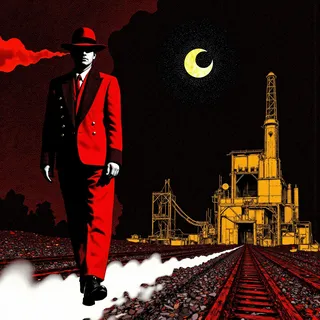 A punk-styled train conductor wearing a red suit and hat walking along red rails through a dark, decrepit yellow chemical factory under a crescent moon, with black, brass, and poppy-red fractal details and ground fog.