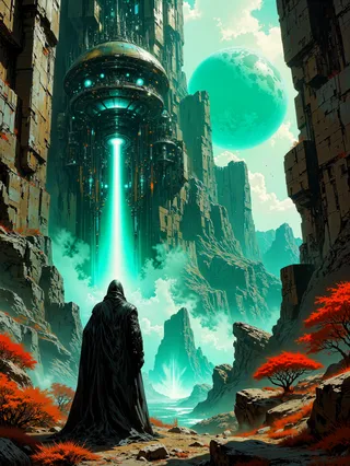 A cloaked figure stands in an alien canyon, facing a futuristic city with hovering structures and a giant blue-green planet in the sky, illuminated by a glowing cyan energy beam.